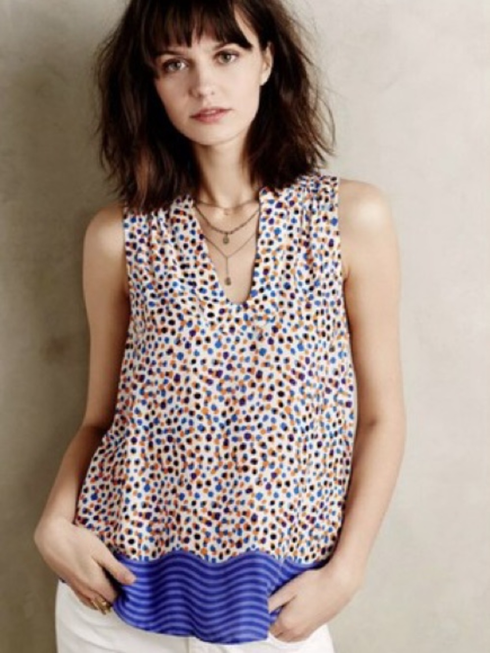 Maeve | Enna Swing Tank V-Neck Top | Blue, Purple, Orange Polka-Dot | 8